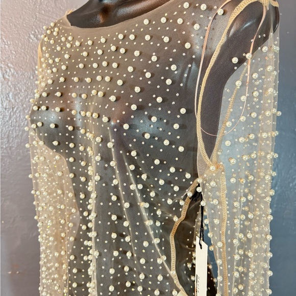 Haute Monde Mesh Rhinestone Faux Pearl Top - Nude - Picture 6 of 12